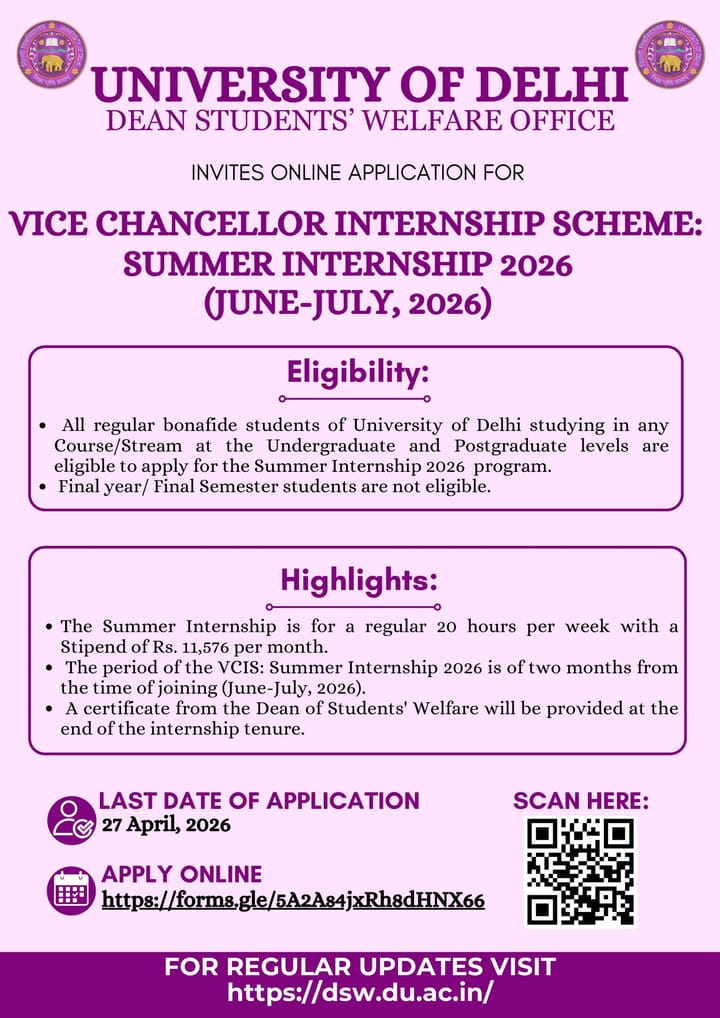 Vice Chancellor Internship Scheme (VCIS) – Summer Internship 2026.